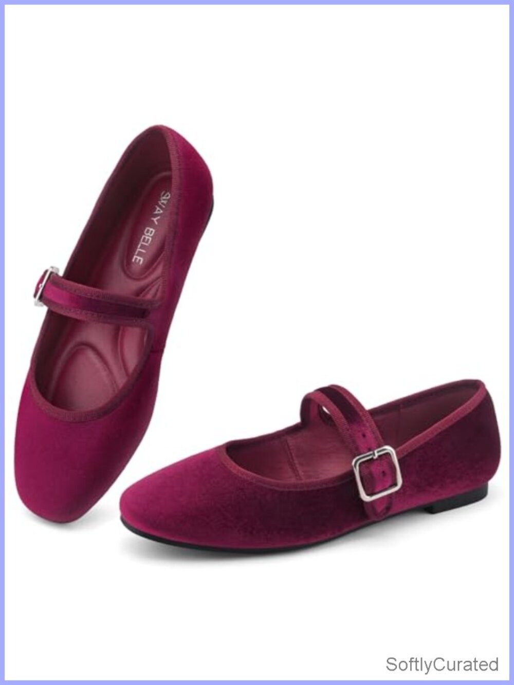 Velvet Mary Jane Flats Square Toe Slip On Ballet Shoes with Buckle Strap